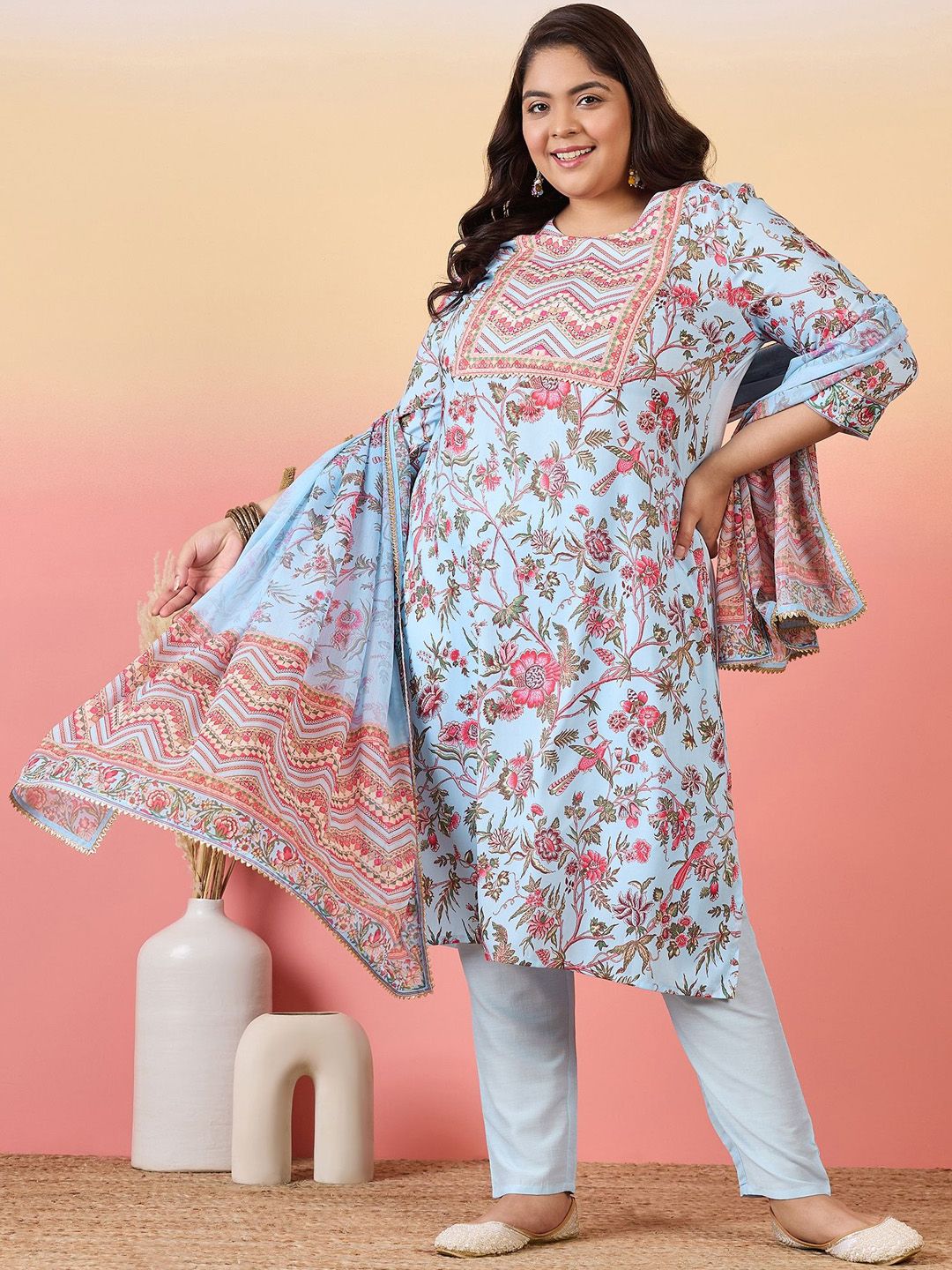 Sztori Women Floral Printed Regular Kurta with Trousers & With Dupatta - Distacart