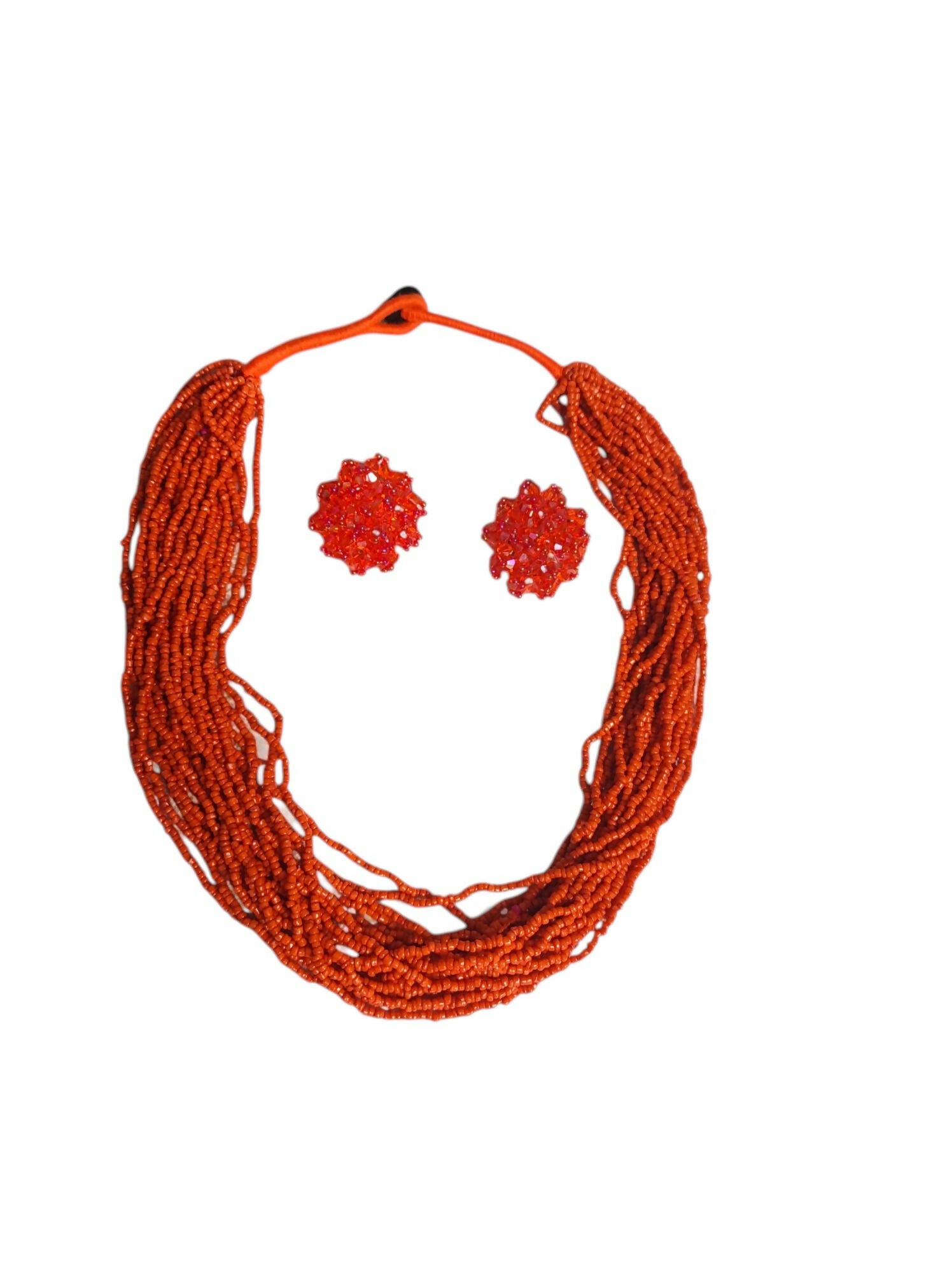 Inhanns Vibrant Handmade 20 Layers Beaded Necklace With Matching Earrings - Orange - Distacart