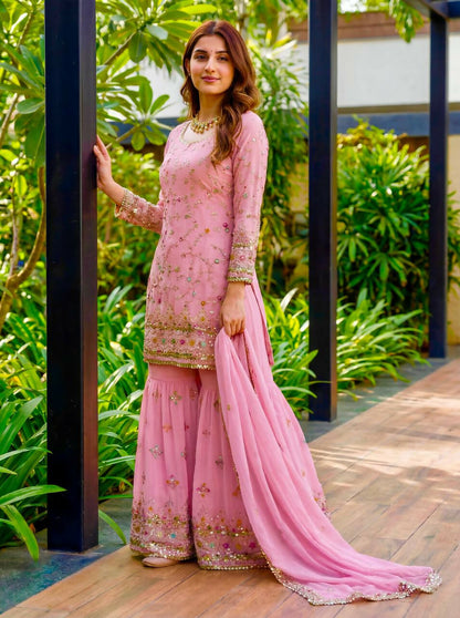 Teeya Creation Pink Faux Georgette Multi Thread Work Wedding Wear Sharara Set - Distacart