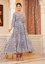 Thumbnail for Kaajh Women's Grey Ethnic Floral Hand Block Print Cotton Dress - Distacart