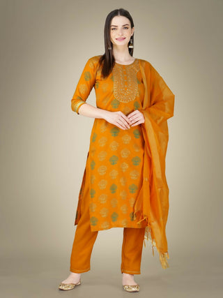 Jyoti Fashion Women's Yellow Cotton Magic Slub Embroidery & Sequence work Kurta with Trouser & Dupatta - Distacart