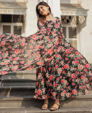 NOZ2TOZ Women Floral Printed Knee Length Elbow Length Sleeves Round Neck Kurti And Palazzo Set With Net Dupatta - Black - Distacart