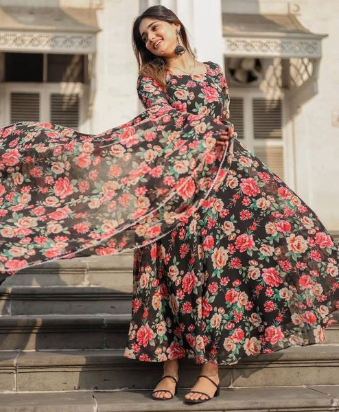 NOZ2TOZ Women Floral Printed Knee Length Elbow Length Sleeves Round Neck Kurti And Palazzo Set With Net Dupatta - Black - Distacart