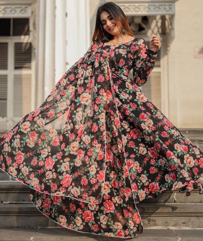 NOZ2TOZ Women Floral Printed Knee Length Elbow Length Sleeves Round Neck Kurti And Palazzo Set With Net Dupatta - Black - Distacart