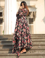 Thumbnail for NOZ2TOZ Women Floral Printed Knee Length Elbow Length Sleeves Round Neck Kurti And Palazzo Set With Net Dupatta - Black - Distacart