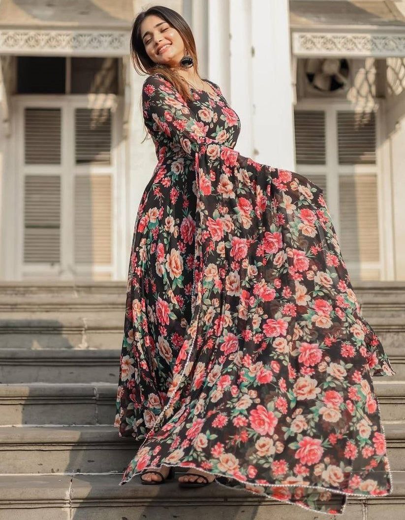 NOZ2TOZ Women Floral Printed Knee Length Elbow Length Sleeves Round Neck Kurti And Palazzo Set With Net Dupatta - Black - Distacart