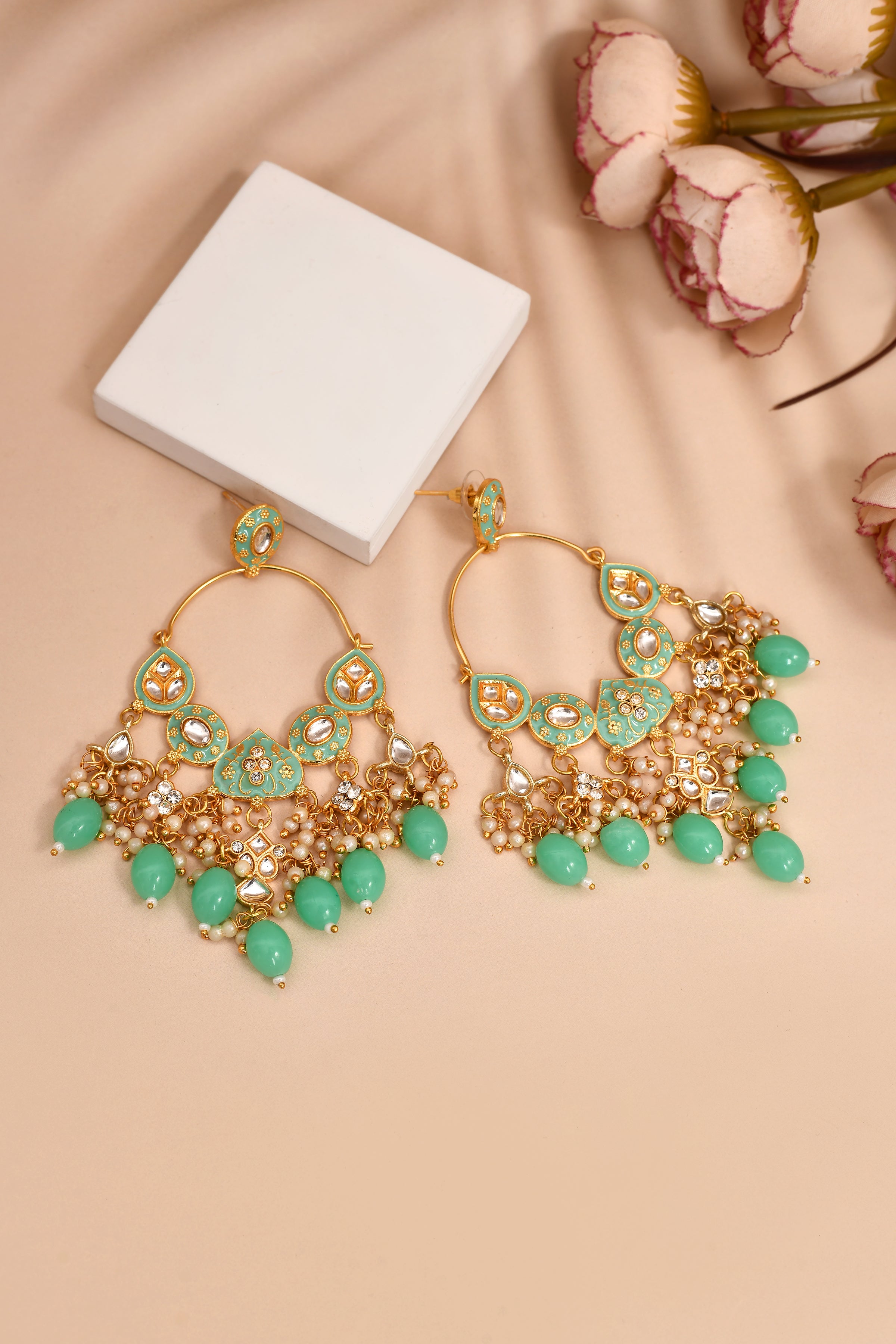 New Stylish Ethnic Partywear Light Green Hoops Kundan Earrings for Womens by House of Ree - Distacart