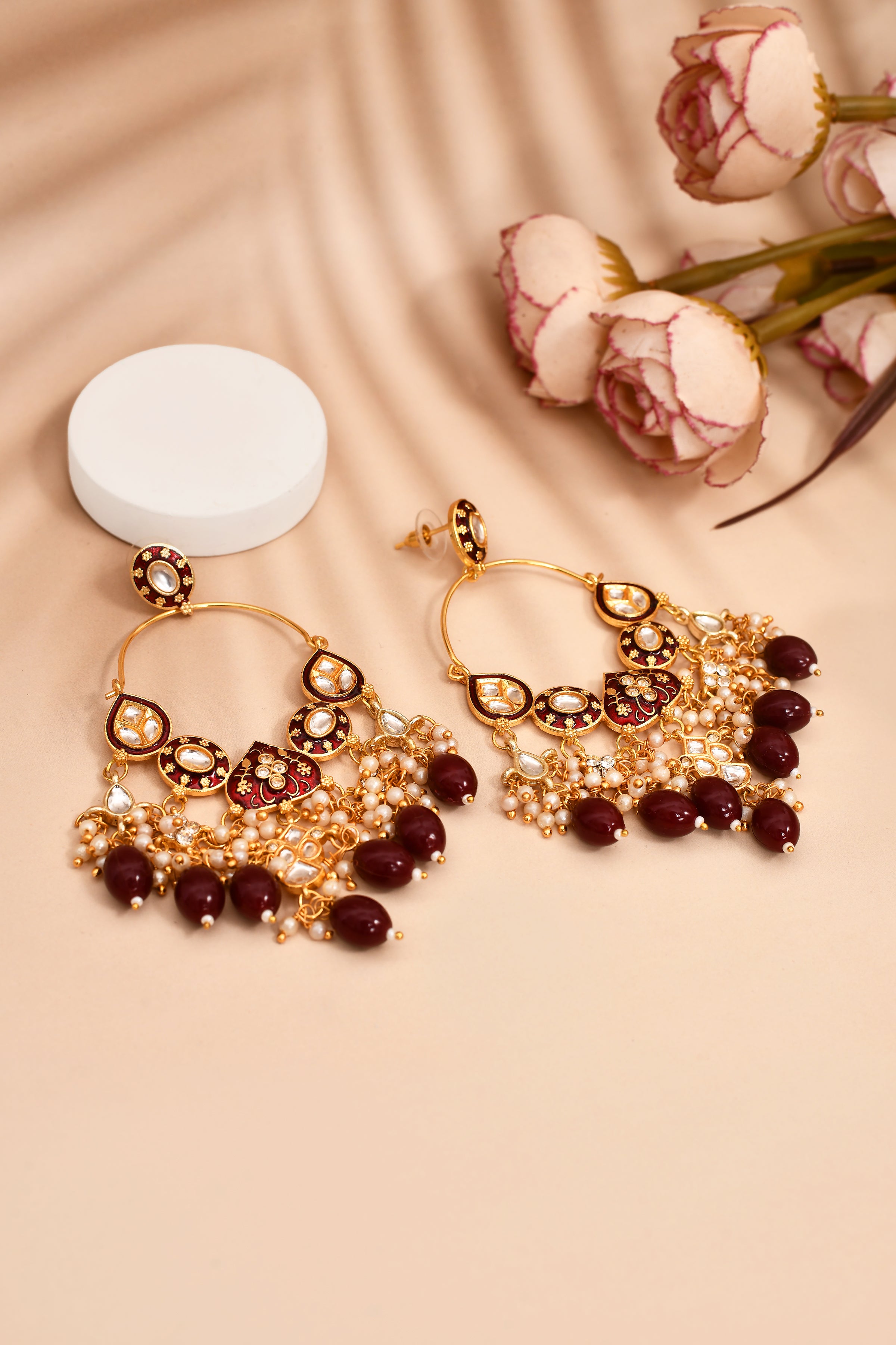 New Stylish Ethnic Partywear Maroon Hoops Kundan Earrings for Womens by House of Ree - Distacart