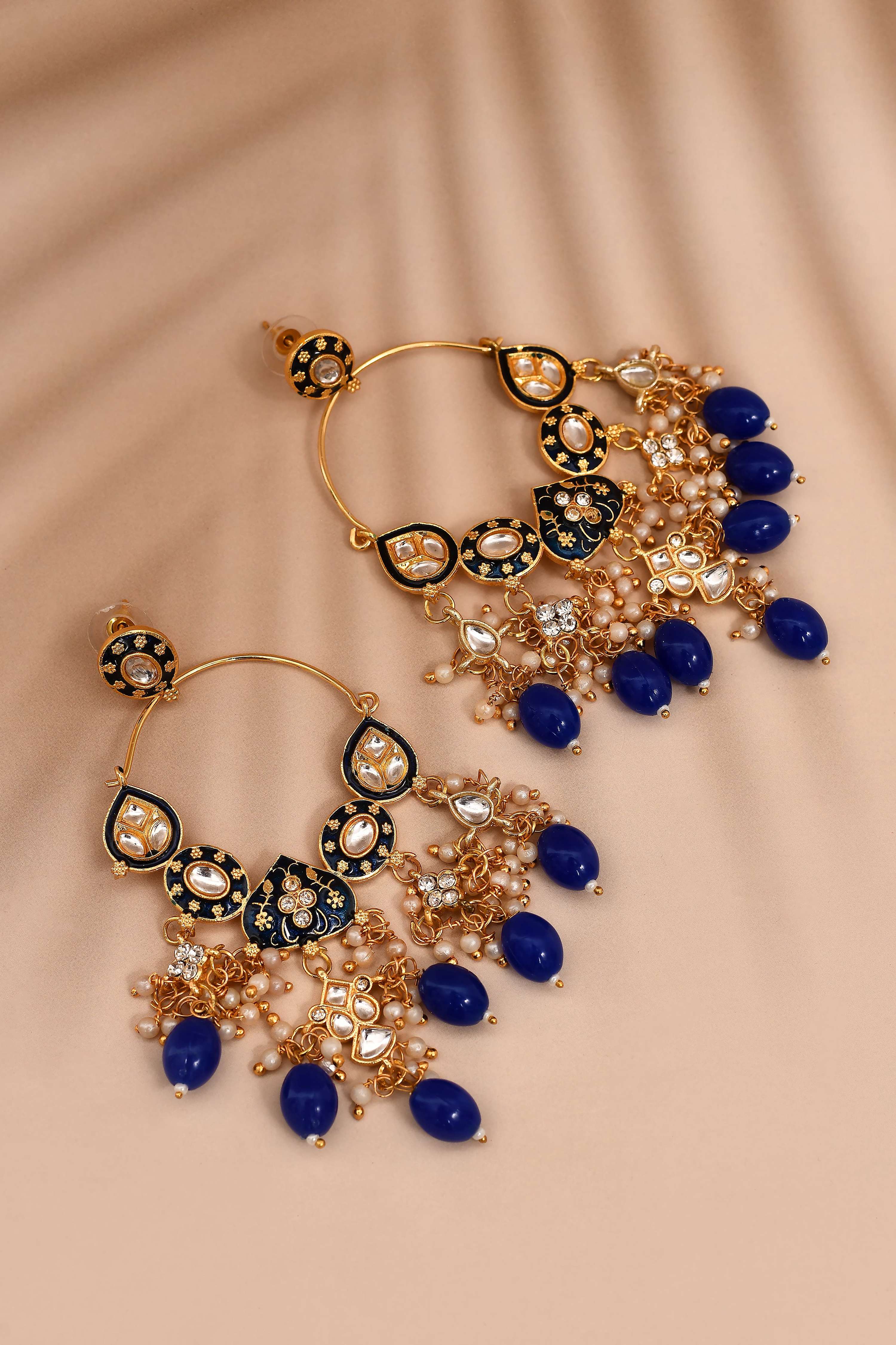 New Stylish Ethnic Partywear Dark Blue Hoops Kundan Earrings for Womens by House of Ree - Distacart