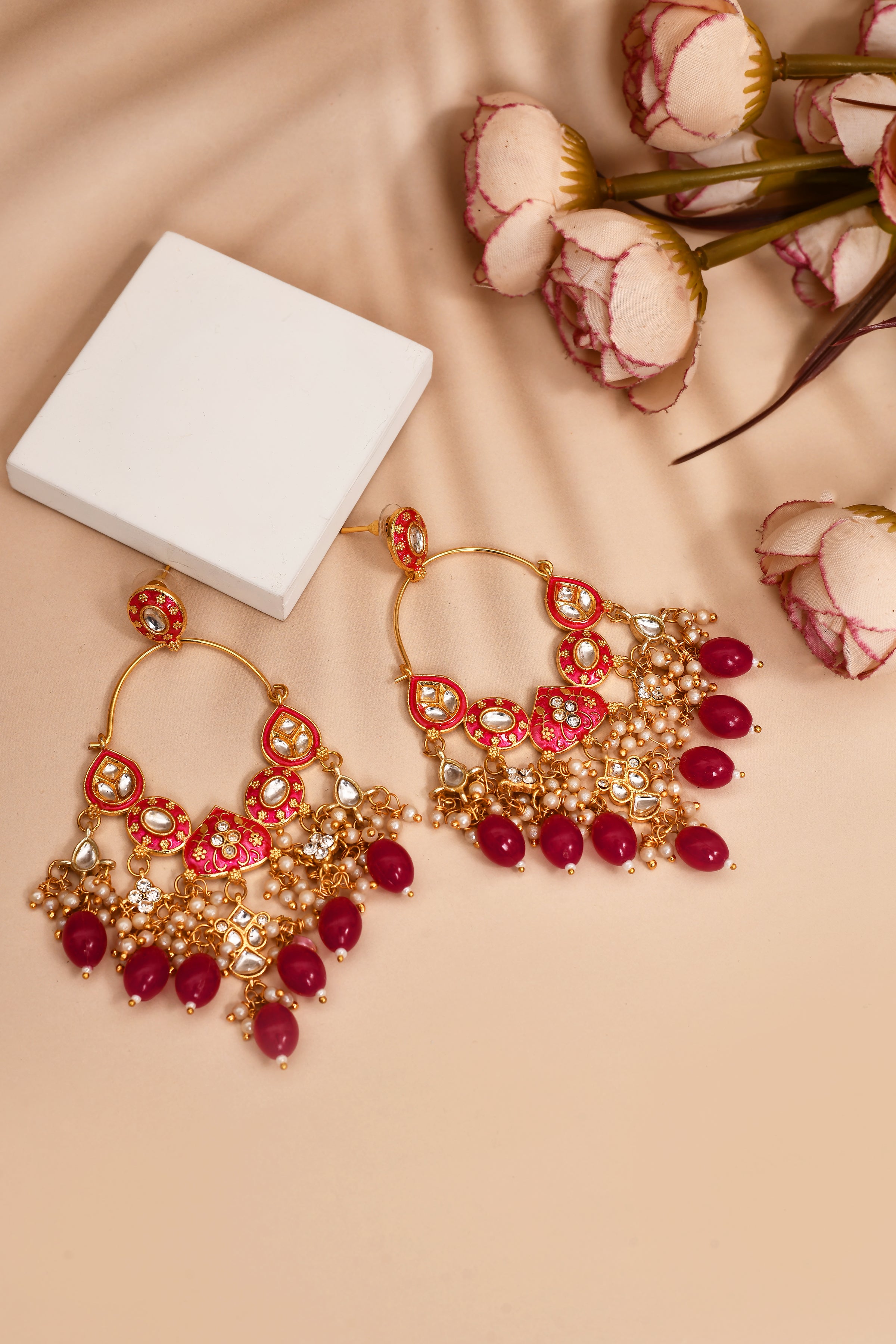 New Stylish Ethnic Partywear Pink Hoops Kundan Earrings for Womens by House of Ree - Distacart