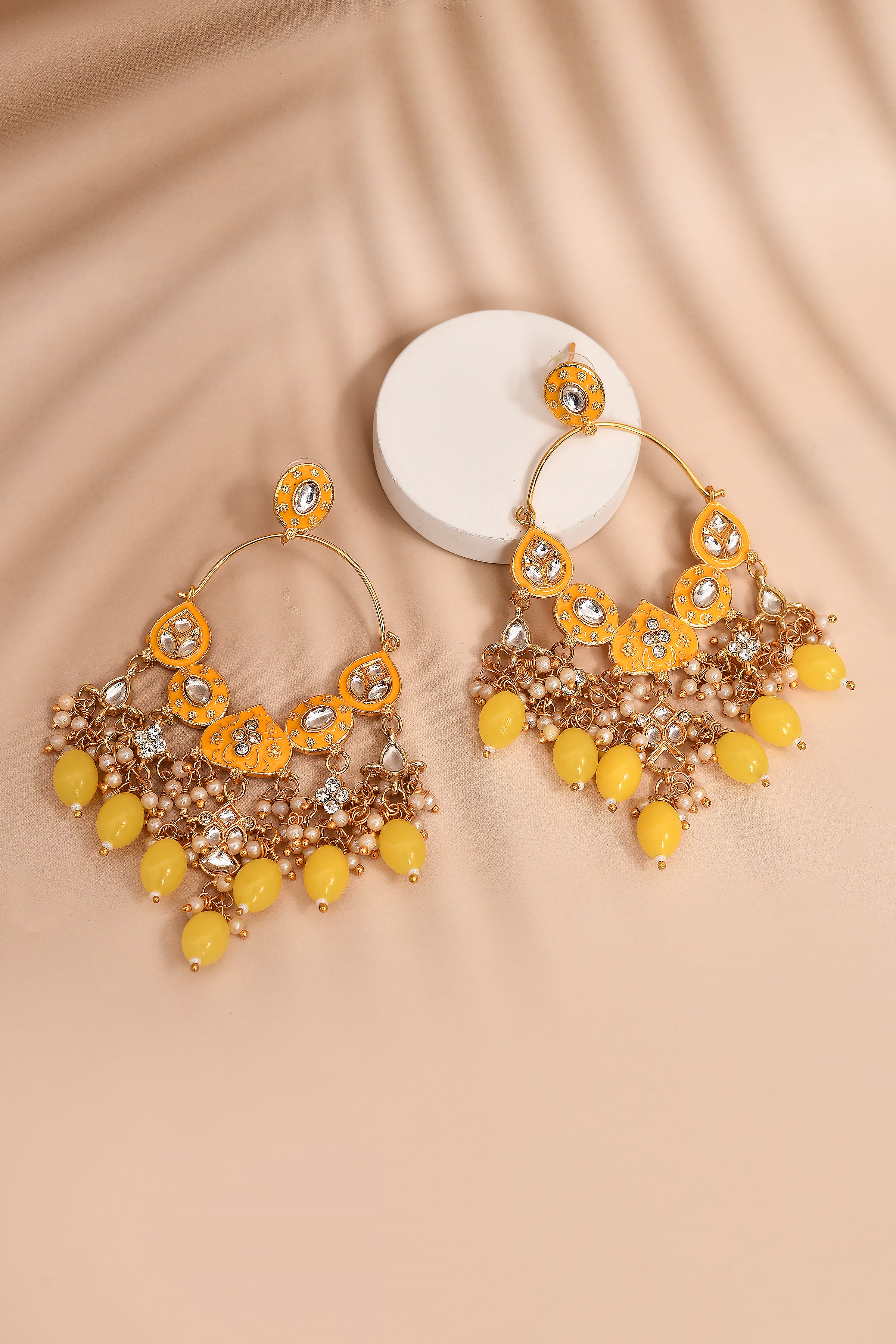 New Stylish Ethnic Partywear Yellow Hoops Kundan Earrings for Womens by House of Ree - Distacart