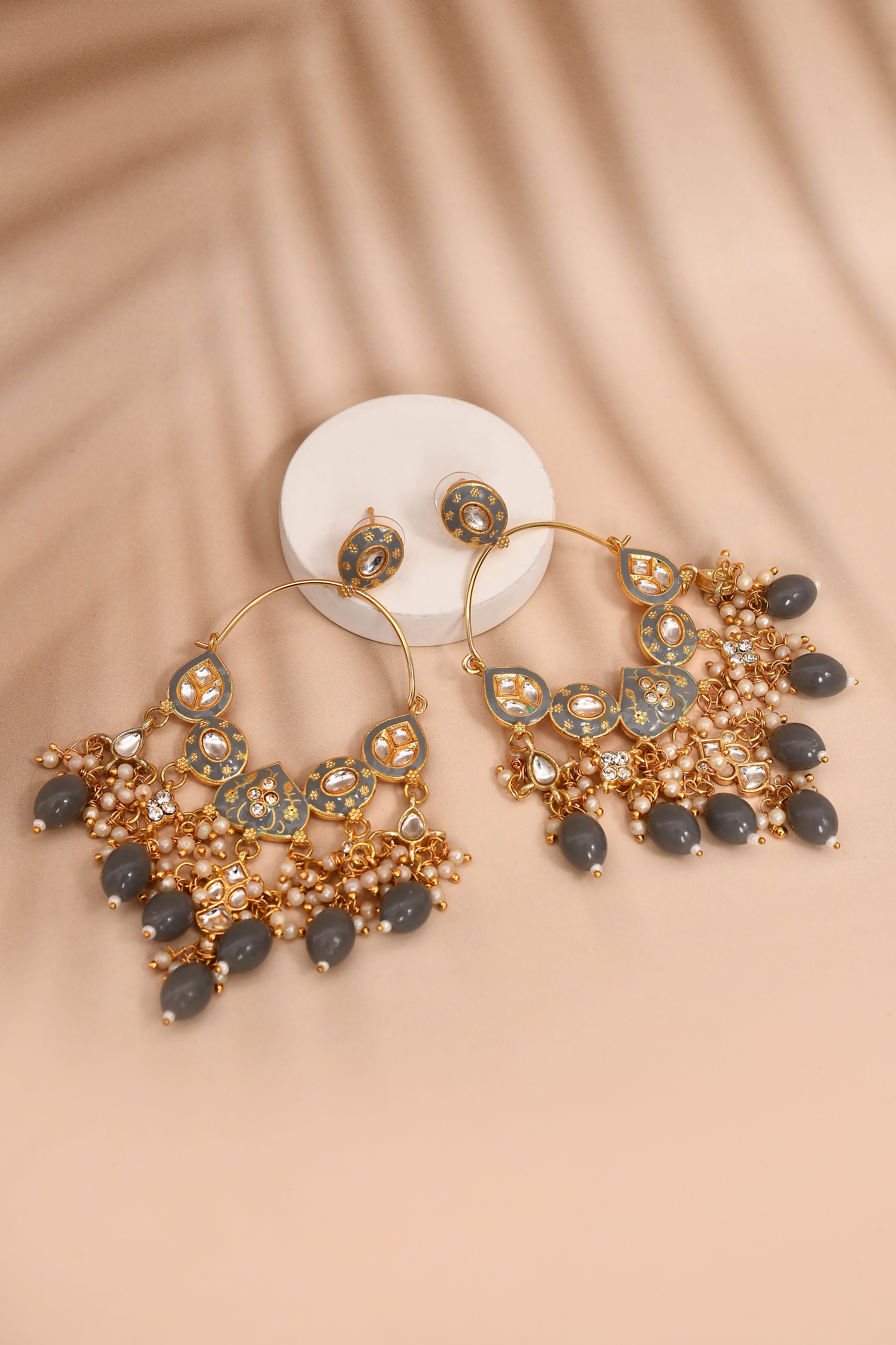 New Stylish Ethnic Partywear Gray Hoops Kundan Earrings for Womens by House of Ree - Distacart