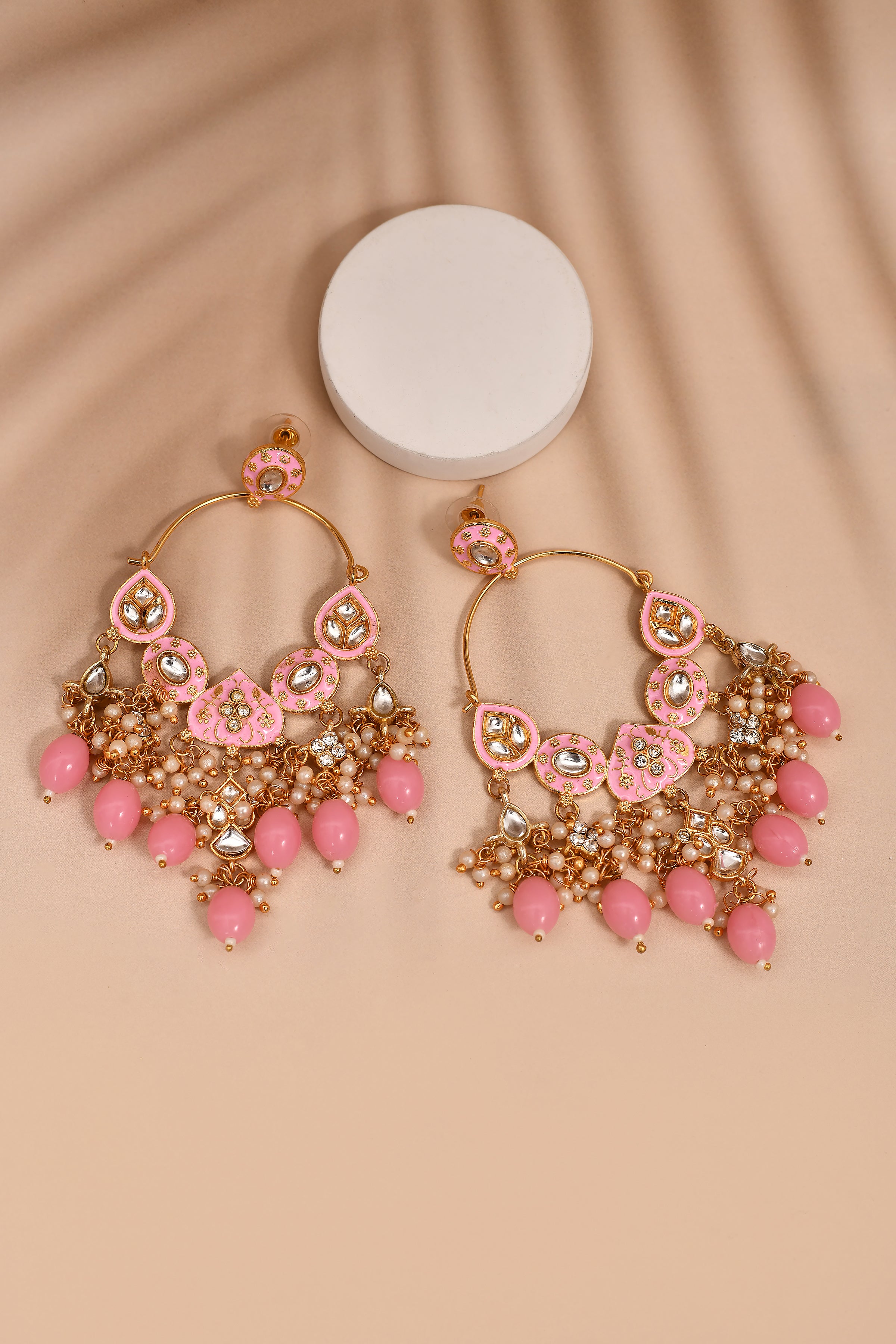 New Stylish Ethnic Partywear Light Pink Hoops Kundan Earrings for Womens by House of Ree - Distacart