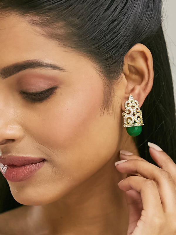 Nuyug 22K Gold-Plated Green Gemstone & Zircon Studded Contemporary Filigree Motif Studs