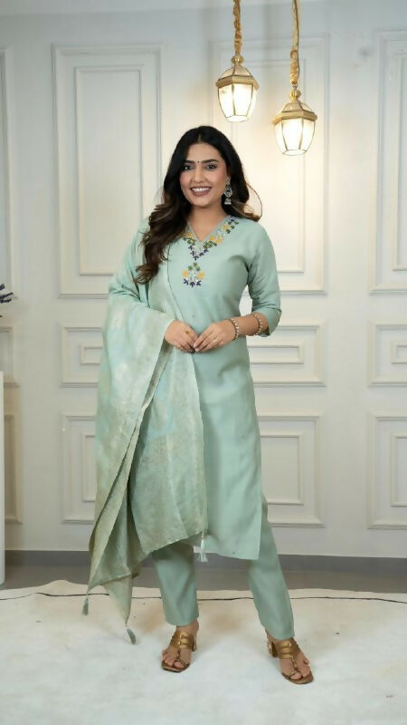 Preksha Creation Premium C Green Roman Silk Hand Work Kurti Pant Dupatta Set