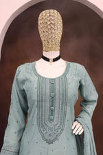 Thumbnail for Teeya Creation Teal Color Heavy Vichitra Silk Embroidery Work Long Gown - Distacart