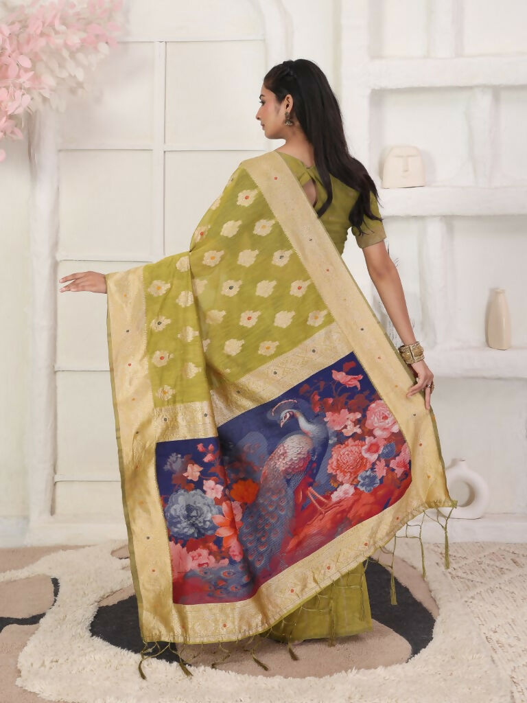 Astita Linen Cotton Mhendi Green Saree