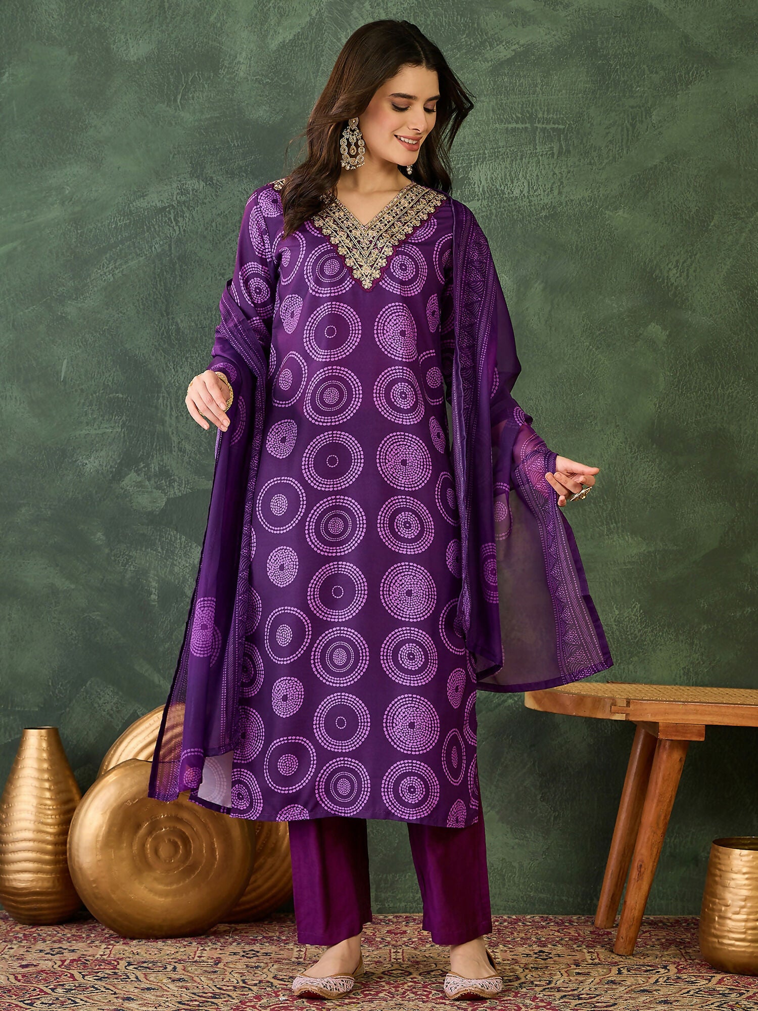 The52 Women's Gorgeous Rayon Embroidery Straight Kurta with Pant And Dupatta Set-Purple - Dista