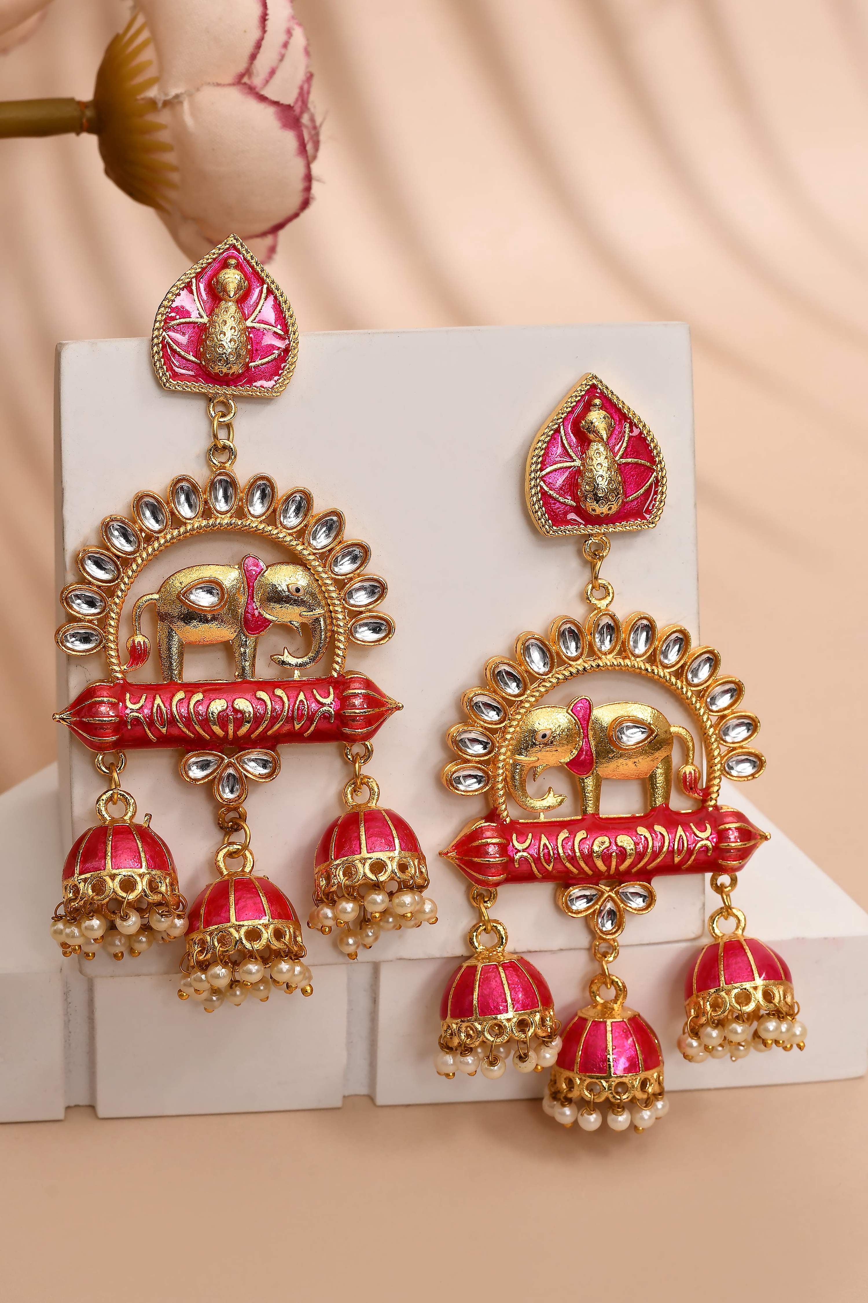 Elephant Shape Dark Pink Jhumki Drop Earrings for Womens by House of Ree - Distacart