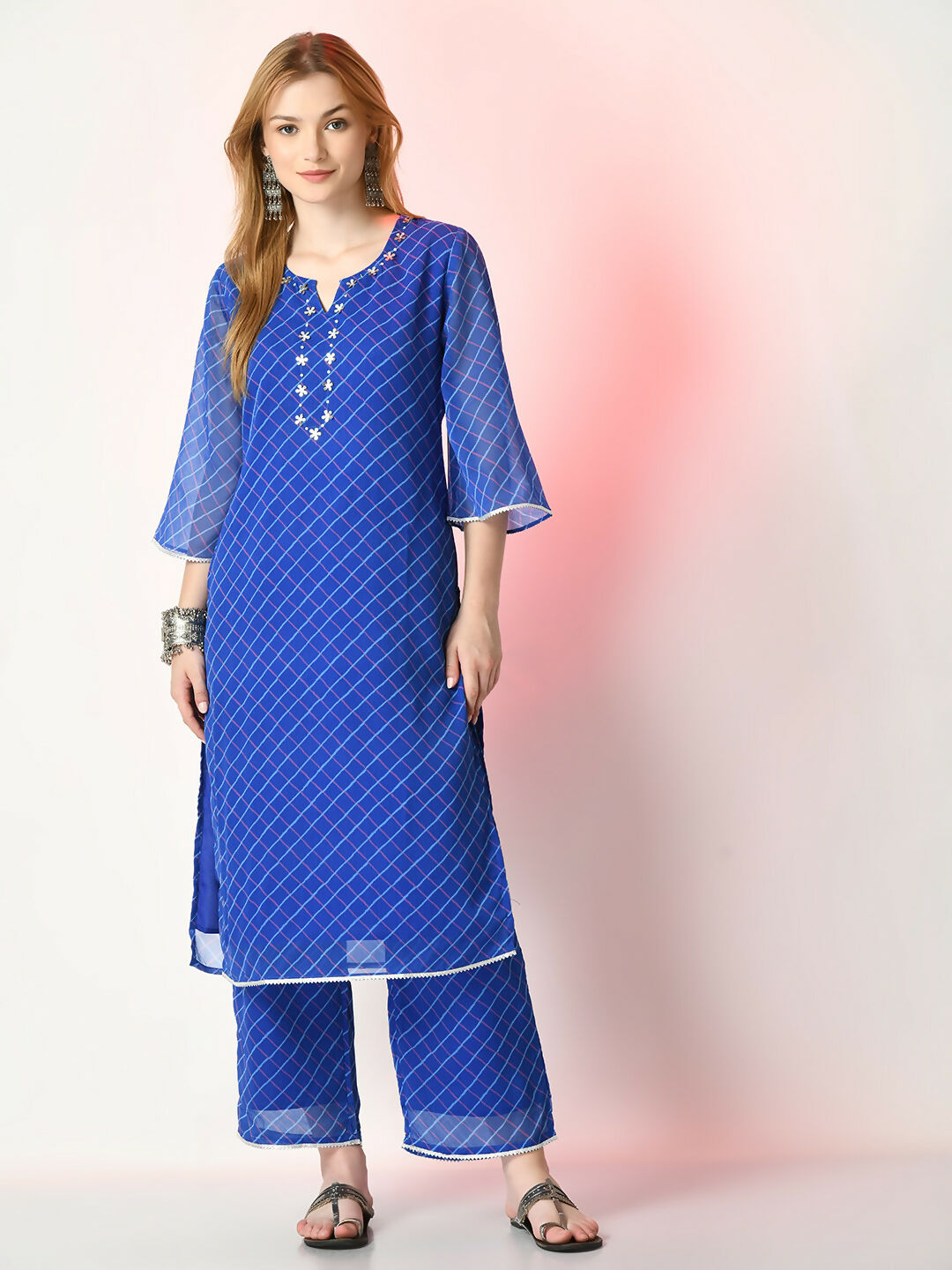 Myshka Women's Blue Printed Kurta With Palazzos - Distacart