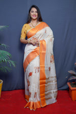 Thumbnail for Jyoti Fashion Women's Orange Linen Silk Digital Print with Jacquard Woven Border Saree with Blouse - Distacart