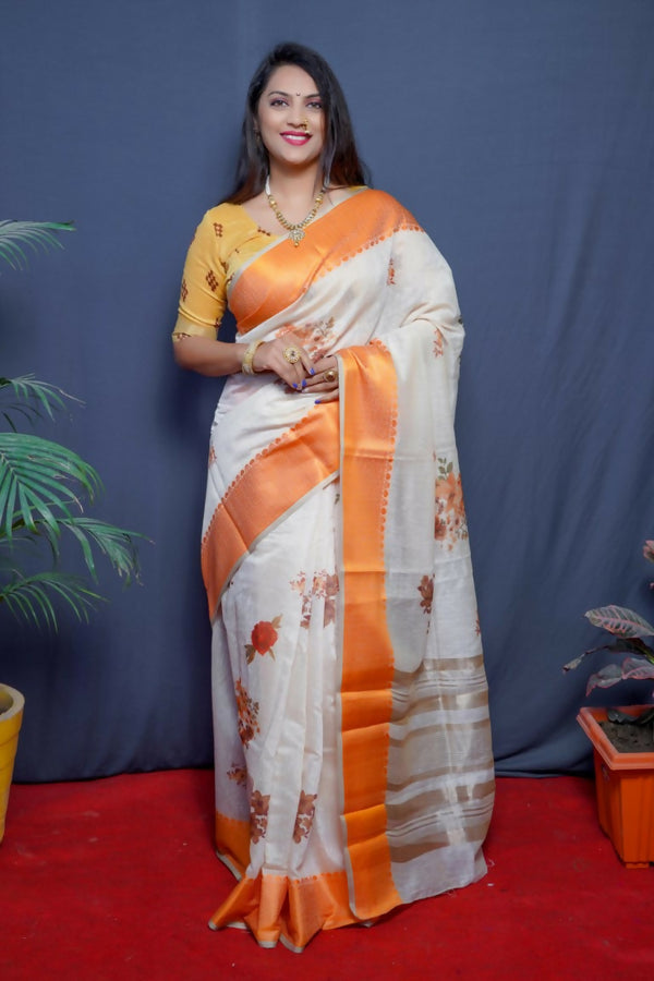 Jyoti Fashion Women's Orange Linen Silk Digital Print with Jacquard Woven Border Saree with Blouse - Distacart