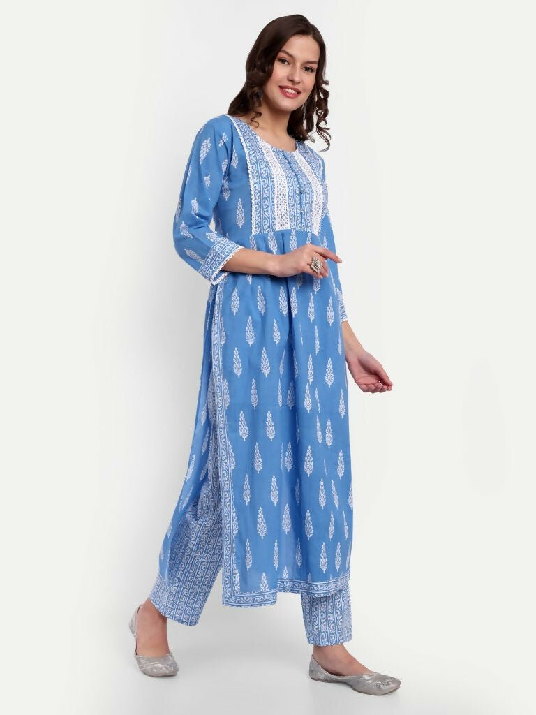 Alvano Printed Naira Cut Kurti with Pant set for Women and Girls Cotton (Blue) - Distacart