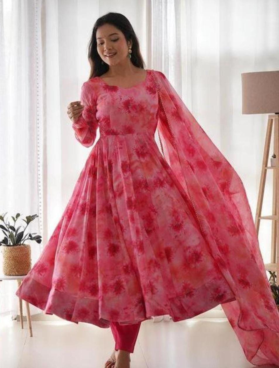 NOZ2TOZ Women Floral Printed Knee Length Elbow Length Sleeves Round Neck Kurti And Palazzo Set With Net Dupatta - Pink - Distacart