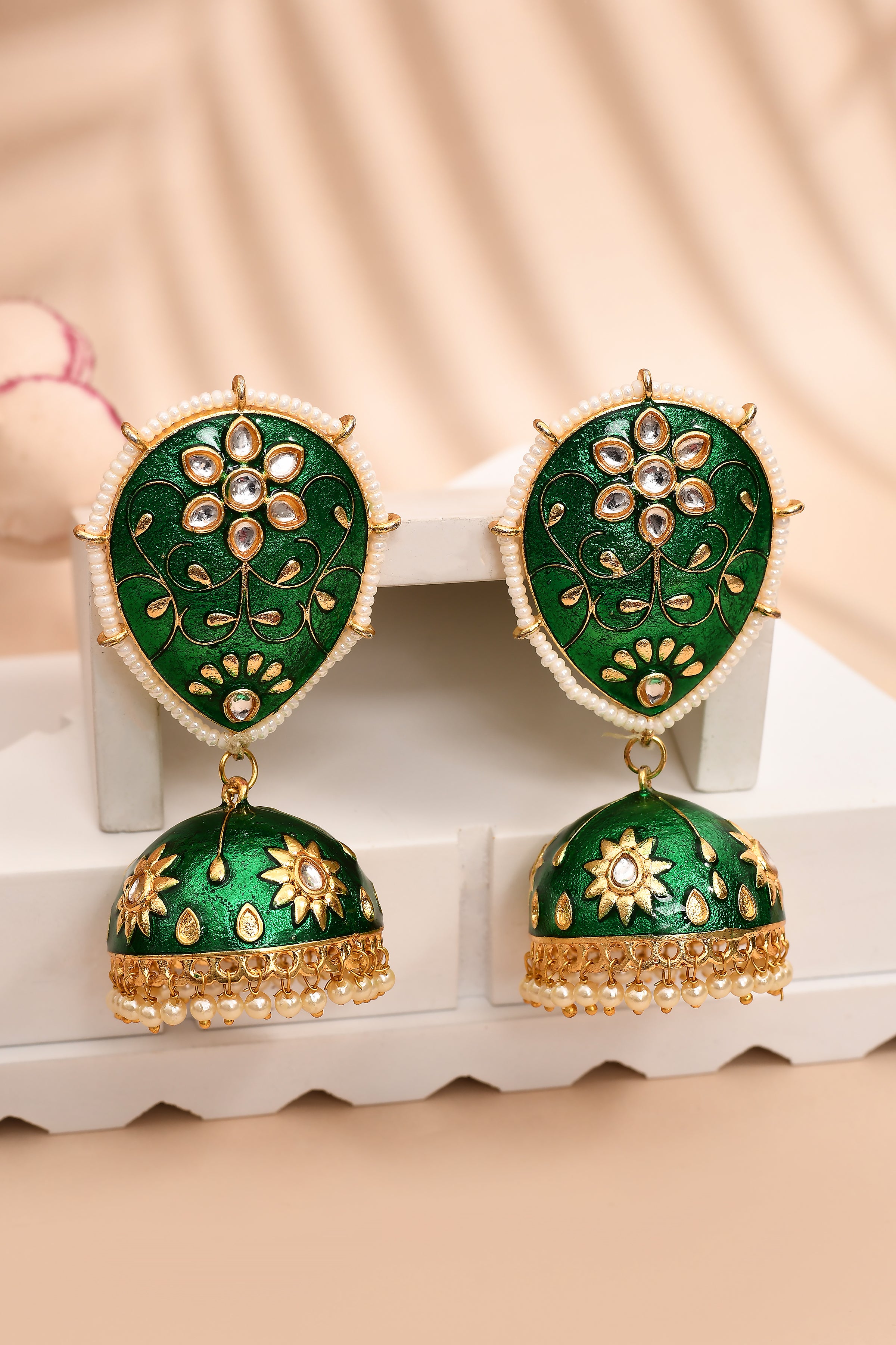 Dark Green Jhumka Earrings for Womens for Ethnic Party by House of Ree - Distacart