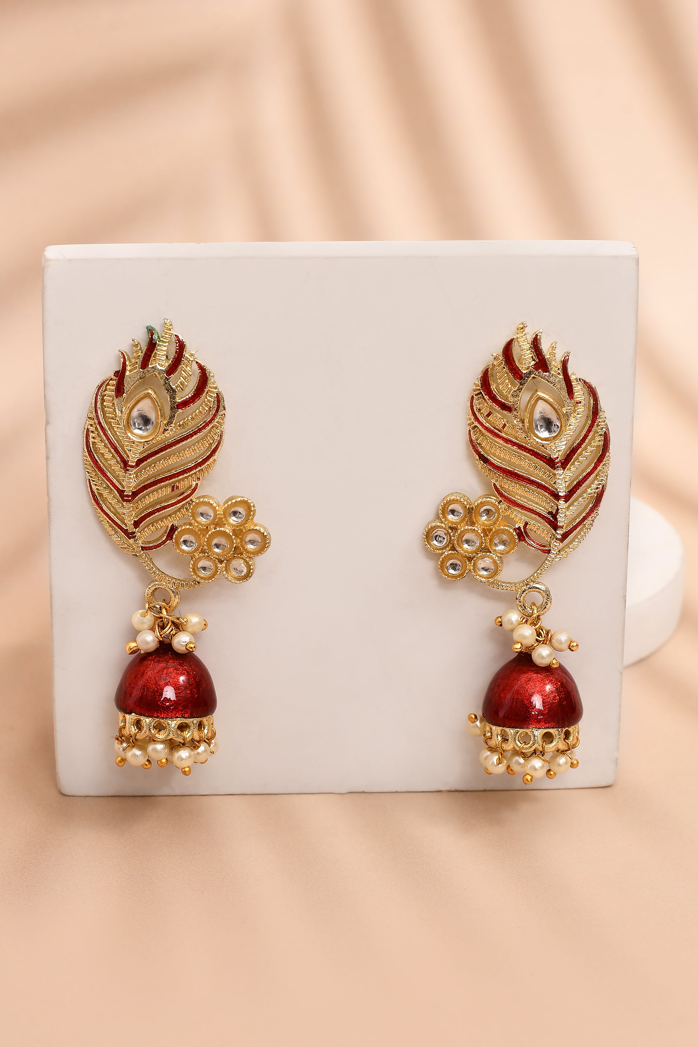 Peacock Feather Pattern Maroon Jhumki Drop Earrings for Womens by House of Ree - Distacart
