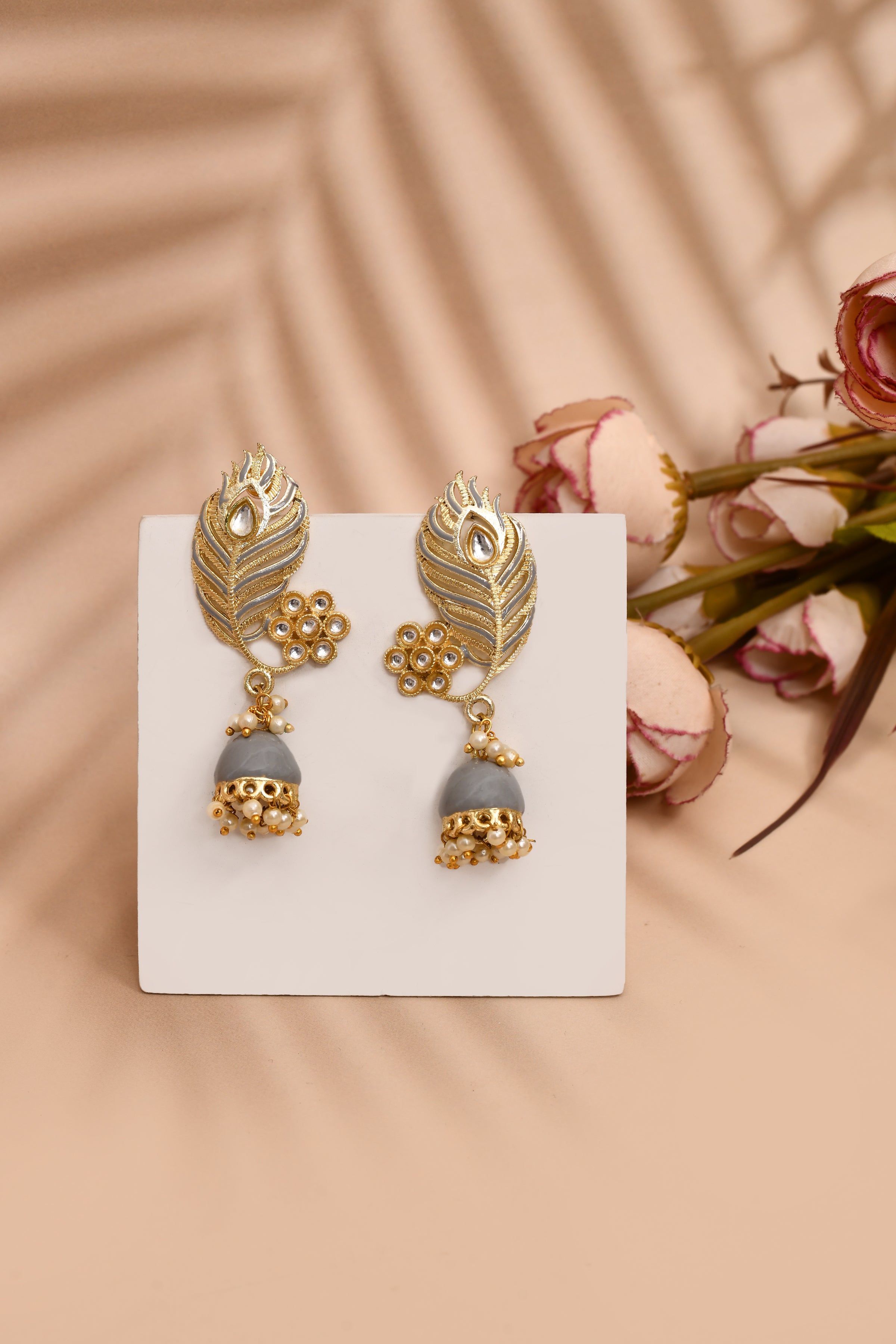 Peacock Feather Pattern Gray Jhumki Drop Earrings for Womens by House of Ree - Distacart