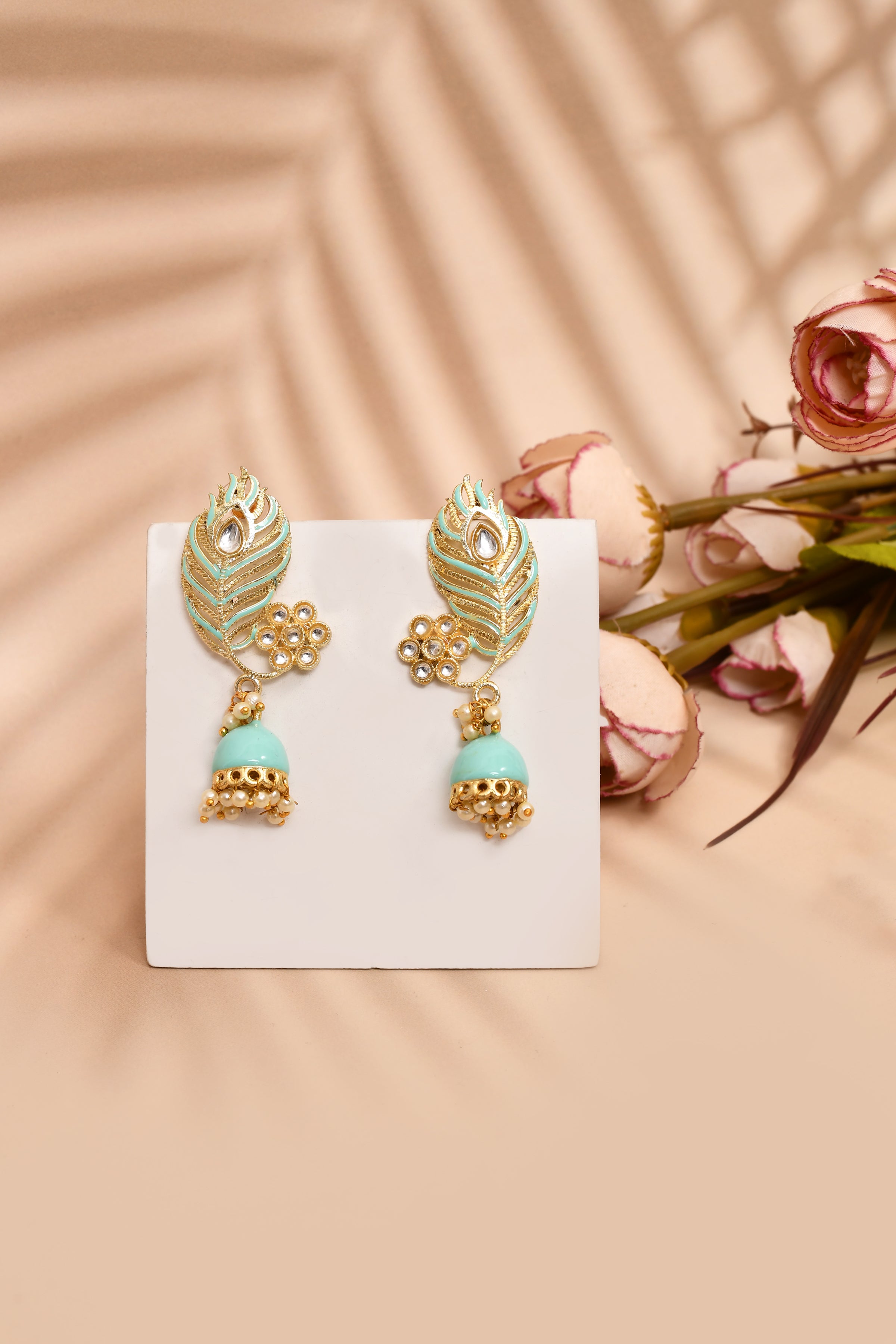 Peacock Feather Pattern Sky Blue Jhumki Drop Earrings for Womens by House of Ree - Distacart