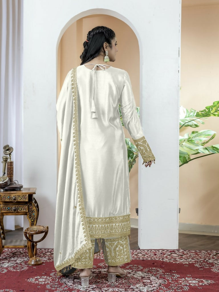 Teeya Creation White Color Chinnon Silk Embroidery Work Fully Stitched Salwar Suit