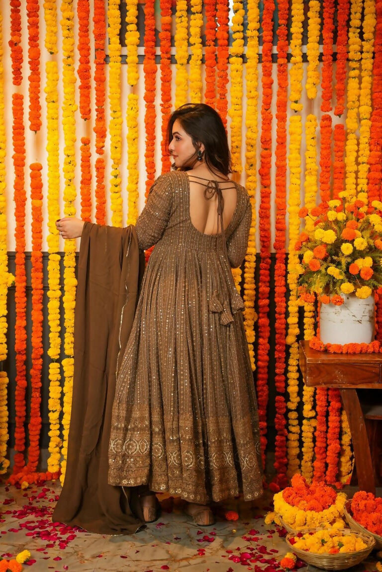 Jyoti Fashion Women's Brown Faux Georgette Zari Embroidery with Sequence Anarkali Dress with Dupatta - Distacart