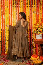 Thumbnail for Jyoti Fashion Women's Brown Faux Georgette Zari Embroidery with Sequence Anarkali Dress with Dupatta - Distacart