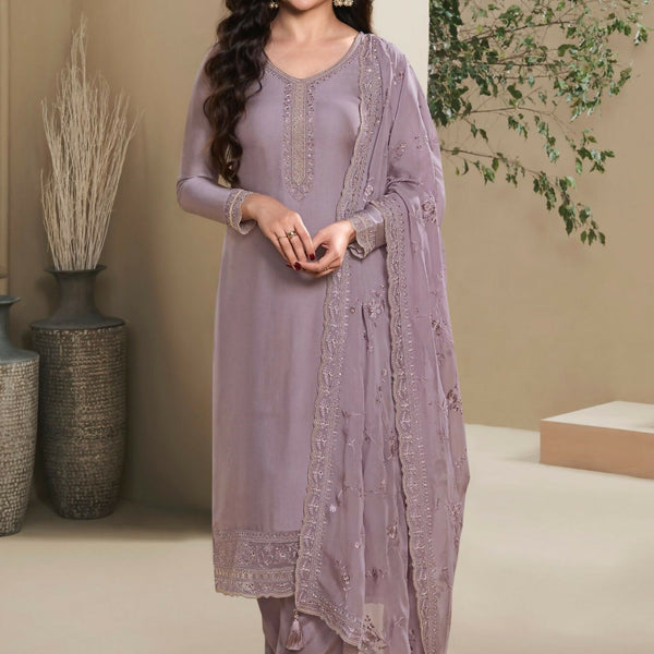 Anaita Purple Heavy Natural Crepe Stitched Suit with Embroidery & Zarkhan Work - Distacart