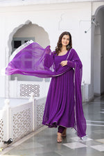 Thumbnail for NOZ2TOZ Women Floral Printed Knee Length Elbow Length Sleeves Round Neck Kurti And Palazzo Set With Net Dupatta - Purple - Distacart