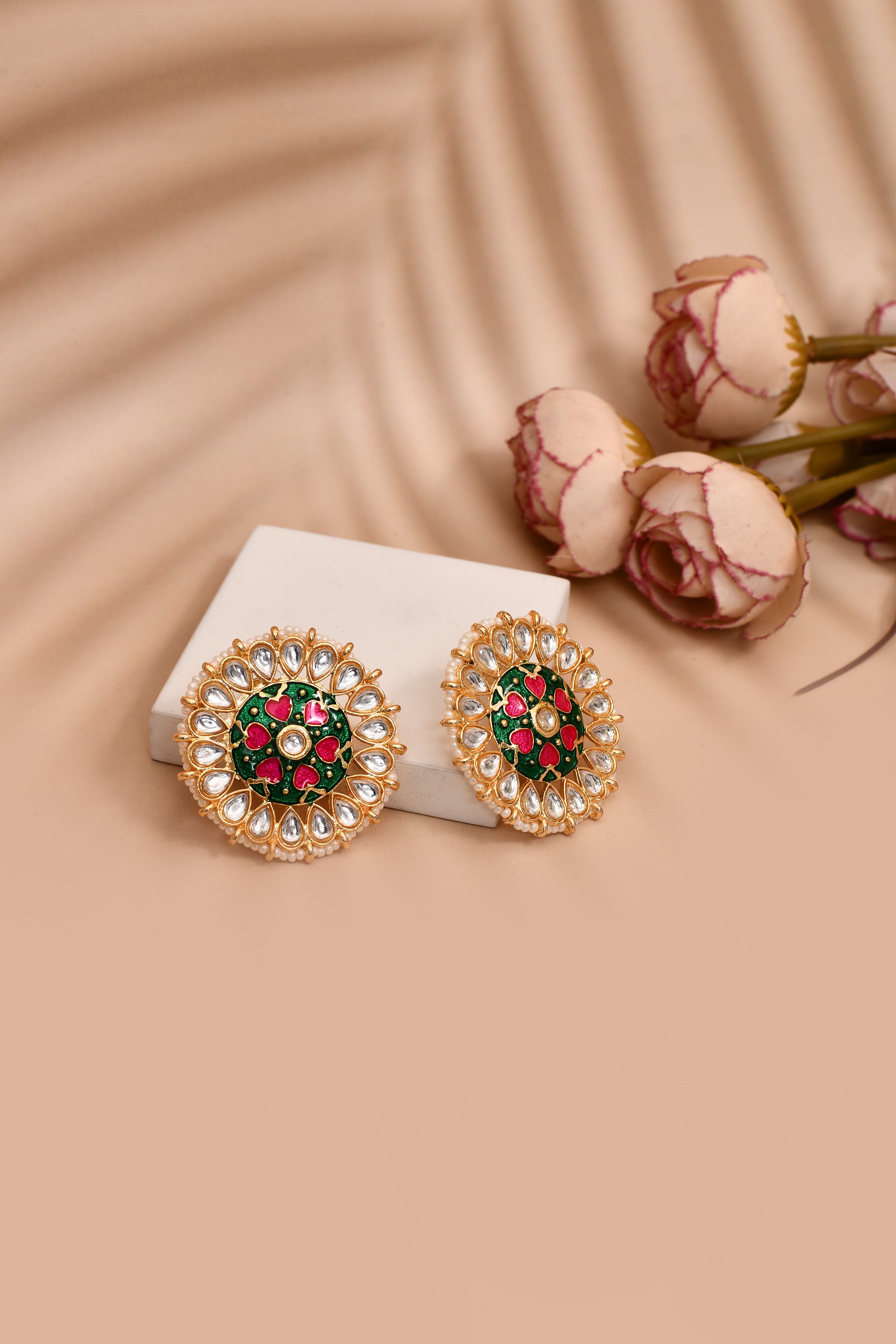 Peacock Green and Pink Stud Earring Tops for Womens by House of Ree - Distacart