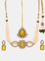 Thumbnail for Ruby Raang 22k Gold Polished Green Stone And Moissanite Necklace With Matching Earrings And Maang Tikka