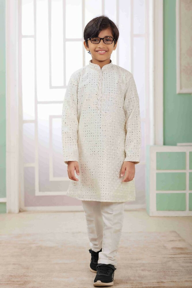 Raivat Ethnic Art Silk Embroidery Work Kids Kurta Pajama In Cream Colour - Distacart