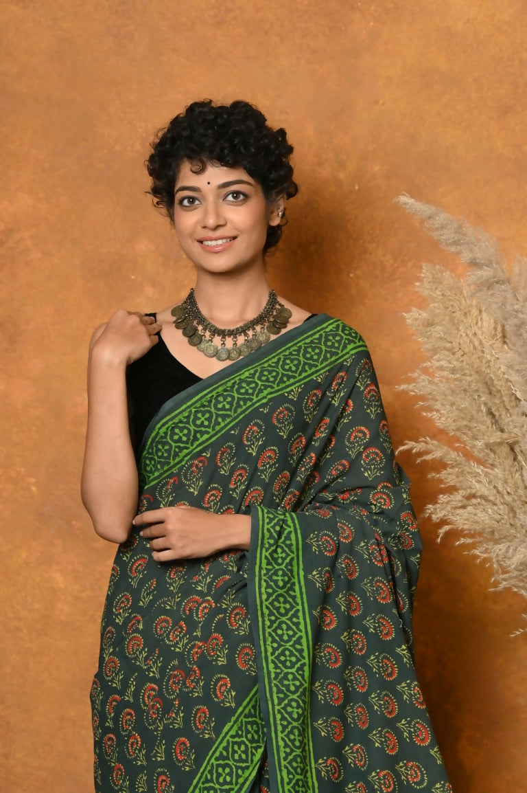 Very Much Indian Handblock Printed Cotton Saree With Natural Dyes - Green - Distacart