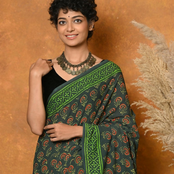 Very Much Indian Handblock Printed Cotton Saree With Natural Dyes - Green - Distacart