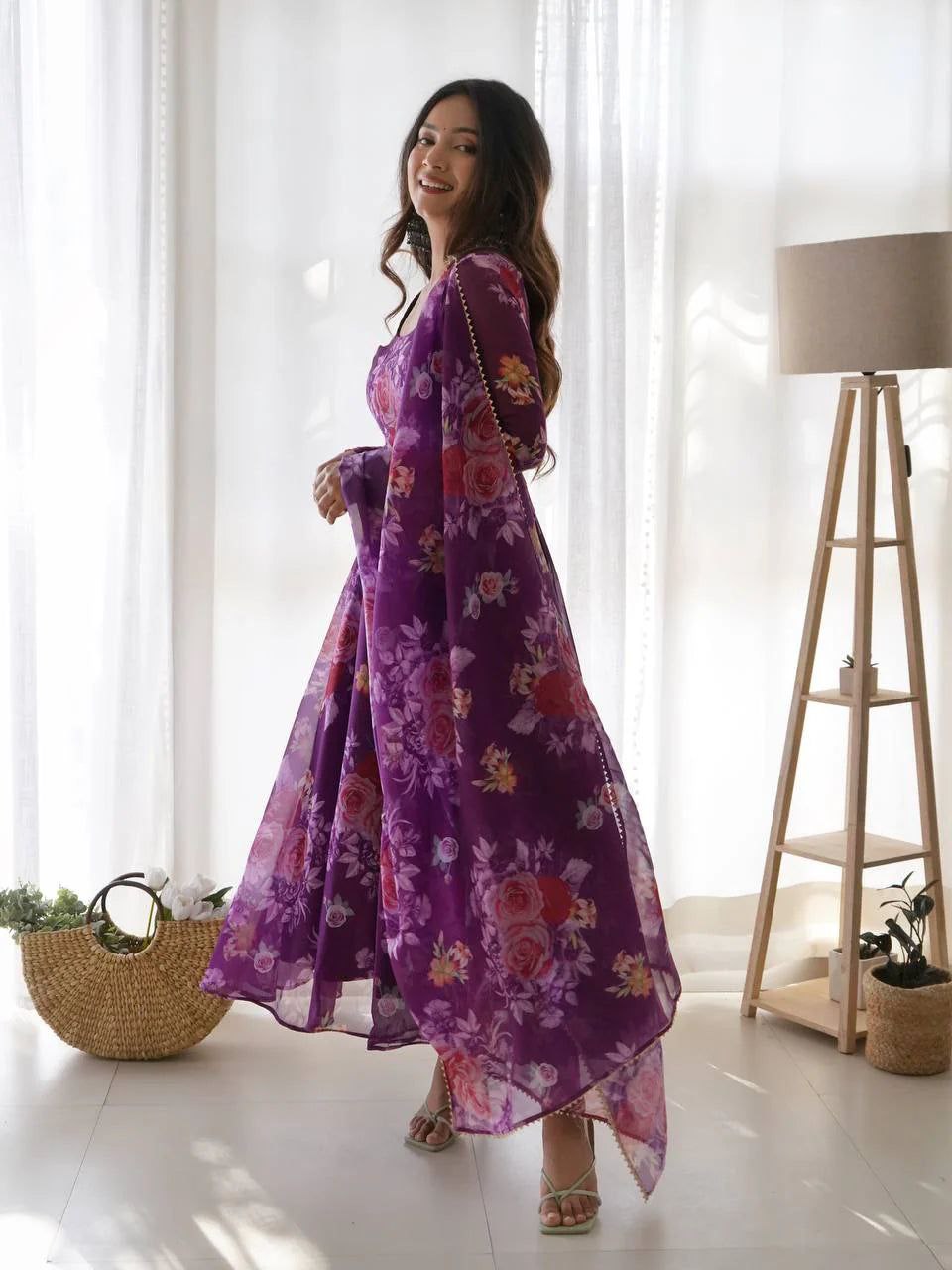 NOZ2TOZ Women Floral Printed Knee Length Elbow Length Sleeves Round Neck Kurti And Palazzo Set With Net Dupatta - Purple - Distacart