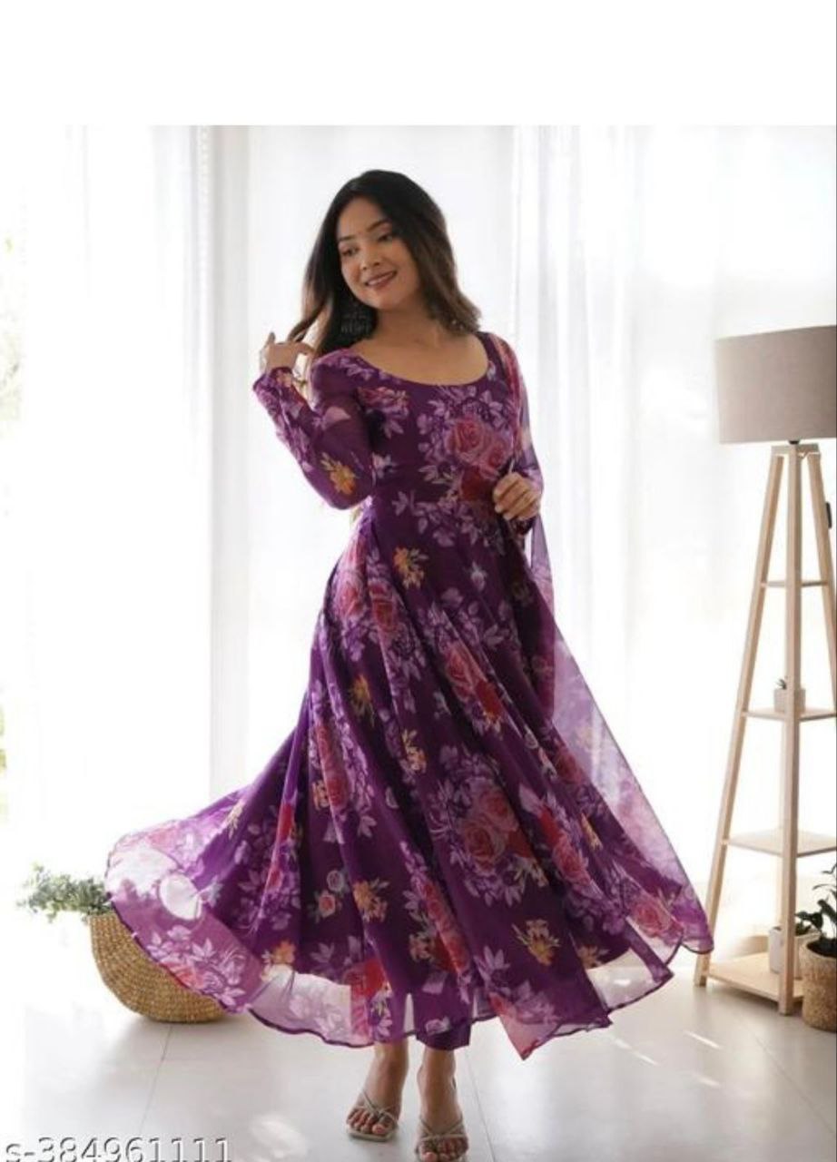NOZ2TOZ Women Floral Printed Knee Length Elbow Length Sleeves Round Neck Kurti And Palazzo Set With Net Dupatta - Purple - Distacart
