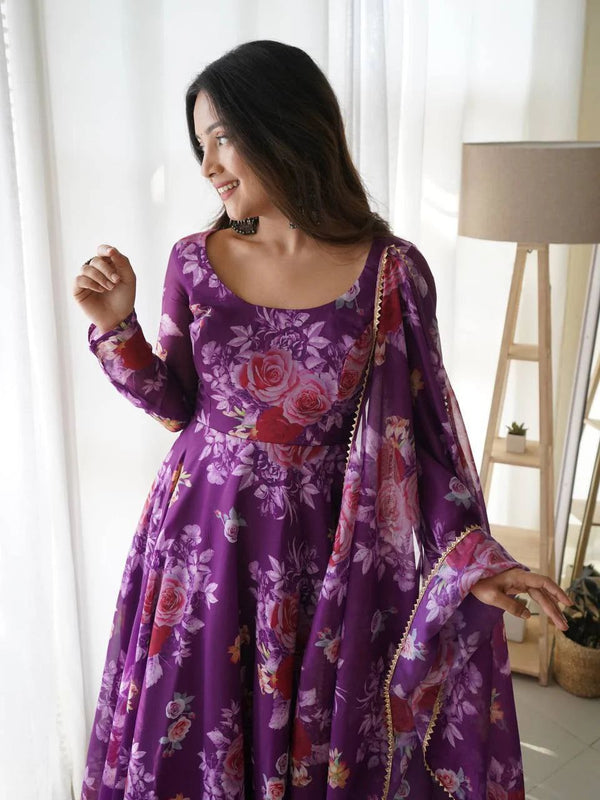 NOZ2TOZ Women Floral Printed Knee Length Elbow Length Sleeves Round Neck Kurti And Palazzo Set With Net Dupatta - Purple - Distacart