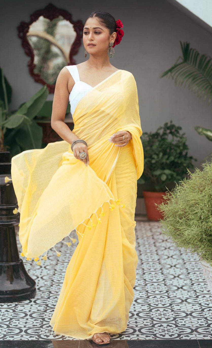 Very Much Indian Mastaani - Pure Mul Cotton Handloom Saree - Fresh Yellow - Distacart