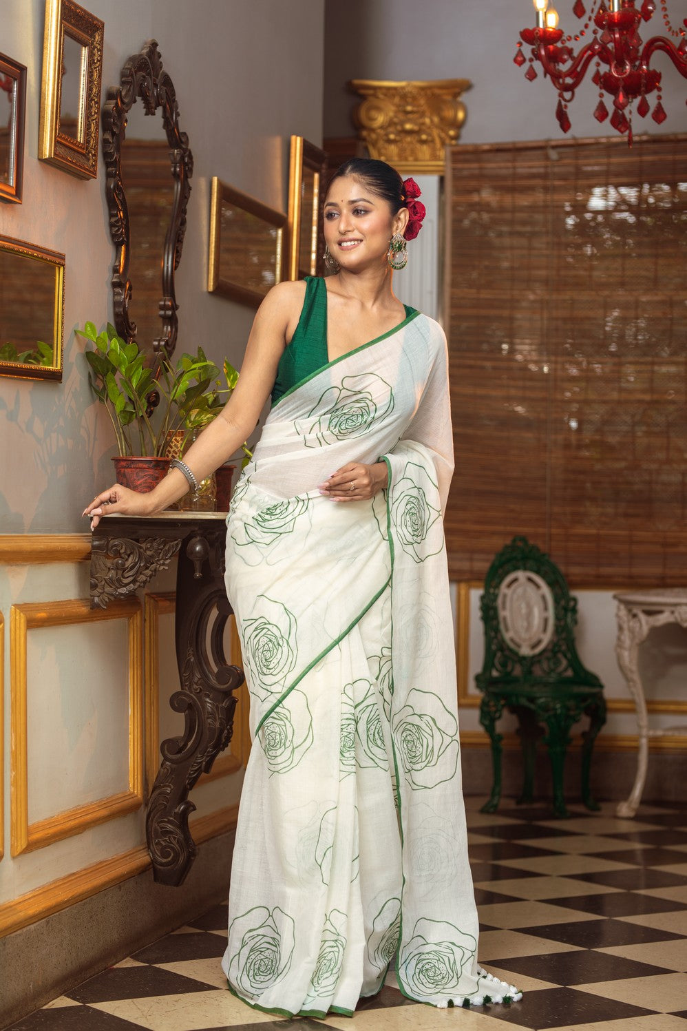Very Much Indian Mastaani - Pure Mul Cotton Handloom Saree with Beautiful Rose Prints - Green - Distacart