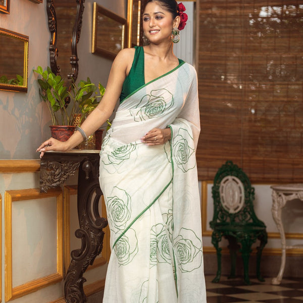 Very Much Indian Mastaani - Pure Mul Cotton Handloom Saree with Beautiful Rose Prints - Green - Distacart