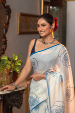 Thumbnail for Very Much Indian Mastaani - Pure Mul Cotton Handloom Saree with Beautiful Rose Prints - Blue - Distacart