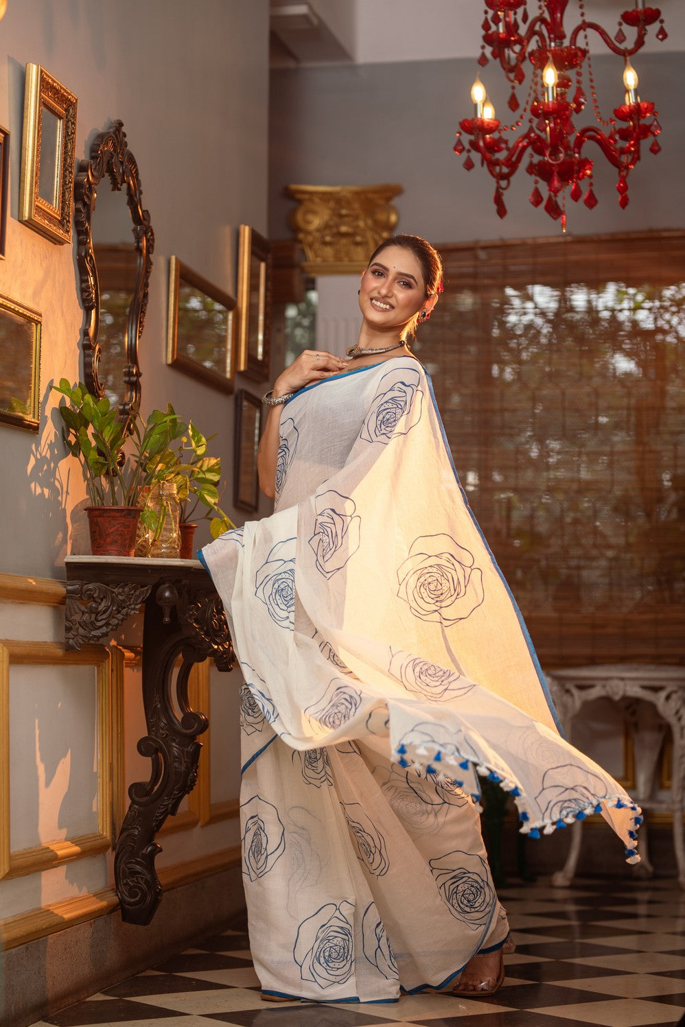 Very Much Indian Mastaani - Pure Mul Cotton Handloom Saree with Beautiful Rose Prints - Blue - Distacart